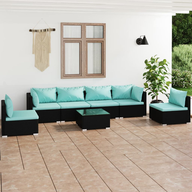 7 Piece Lounge Sofa Seating Group, Water Blue, Black