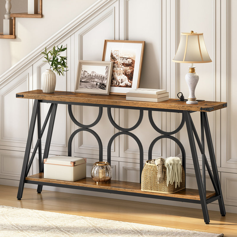 Unique 63" Console Table with Charging Station and Storage Shelf, Brown