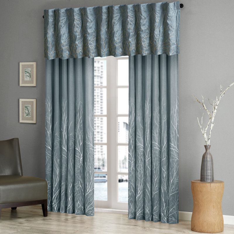 Blue Faux Silk Embroidered Sill Length Valance