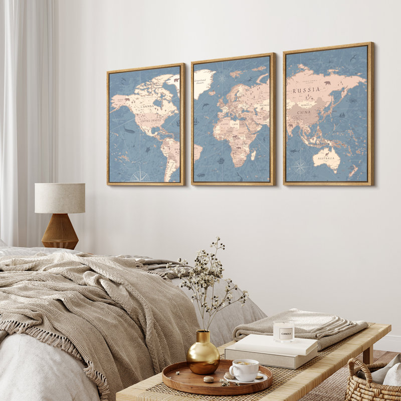 Carte du monde «Blue Global Antique Atlas, H 24 po x l 48 po, Reproduction avec cadre flottant, Naturel