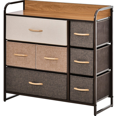 Commode à 7 compartiments : Grand espace de rangement. Tiroirs en tissu, structure et plateau en acier. 3 compartiments de rangement pour la chambre. Pliable et portable. Construction robuste et stable. 80 cm L x 29 cm P x 79 cm H. Commode marron pour chambre.