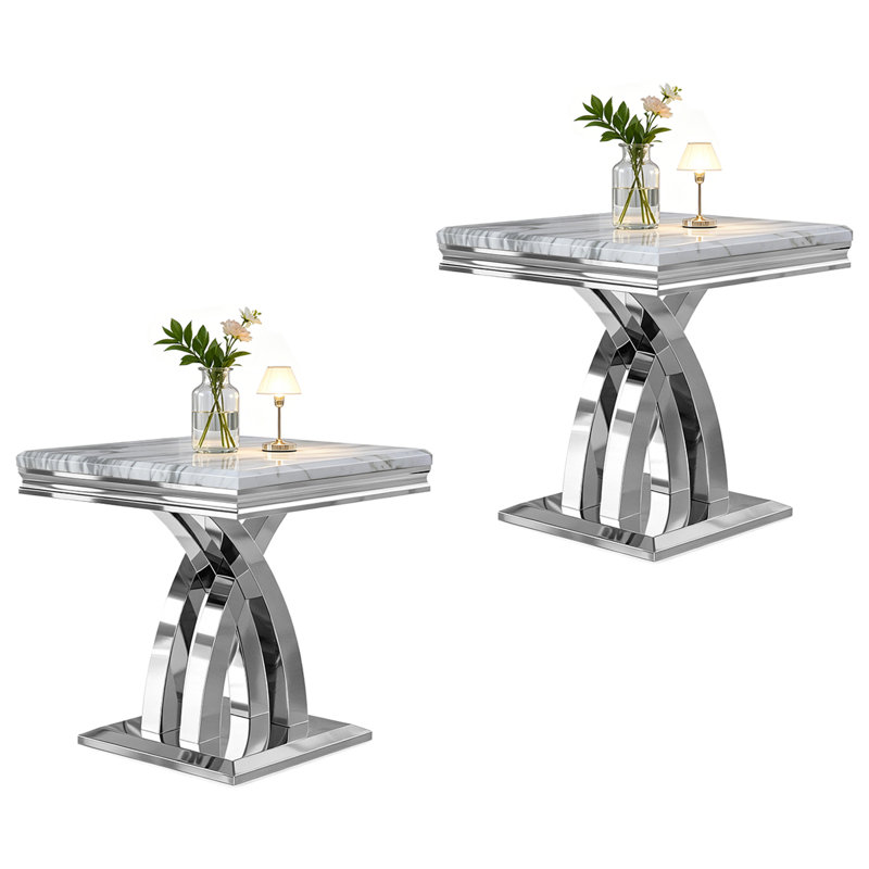 Ensemble de 2 tables d'appoint blanches et argentées, tables d'appoint carrées de luxe avec pattes en X, 2