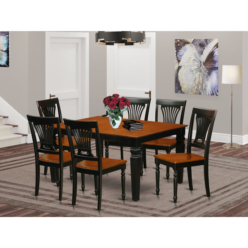 7 Piece Dining Room Furniture Set Consist of a Rectangle Kitchen Table with Butterfly Leaf and 6 Dining Chairs, Black & Cherry