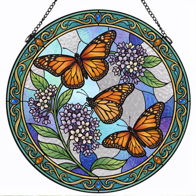 Butterfly Floral Stained Glass Window Panel，12"H