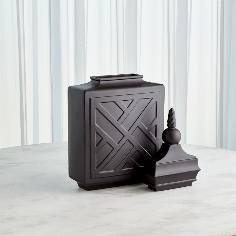 Chinoiserie Handmade Ceramic Jar, Matte Black, 27.75" H x 13.75" W x 6" D