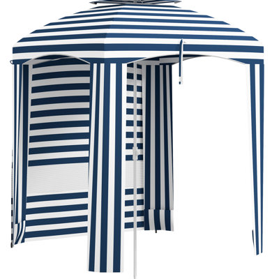 Parasol portatif avec double couche, 5,8 pi x 5,8 pi, rayure bleu-blanc, murs à volants à double abat-jour Resistance, évents, sacs de sable, sac de transport, et 5,8 pi x 5,8
