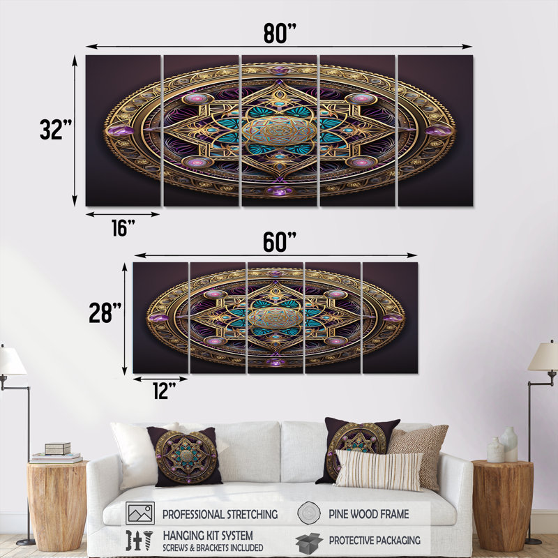 Ensemble de 5 décorations murales «Golden Seal Turquoise Essence - Boho Mandala», H 28 po x l 60 po