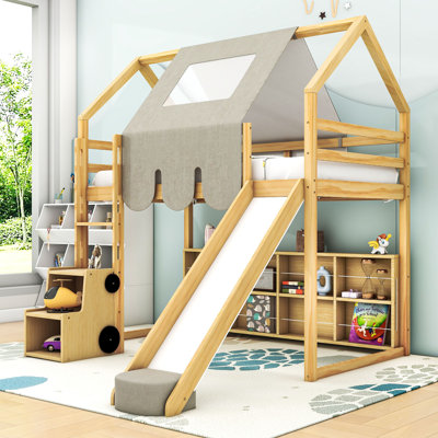 Lit mezzanine en bois avec tente, tablettes de rangement et glissade