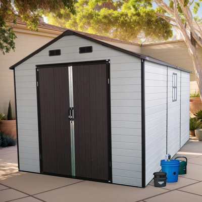 8'X14'x7.6' Resin Storage Shed With Windows – Strong Aluminum Frame & Floor Included – White + Brown – For Garden, Backyard Organization