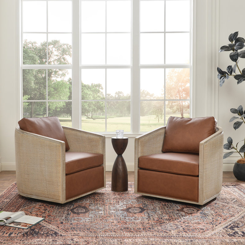Fauteuil demi-tonneau pivotant 2 pièces en cuir véritable et chêne, Brun