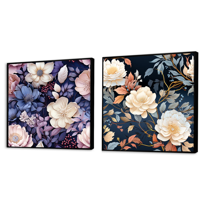 Fresquez - Ensemble de 2 collages floraux carrés, Cadre flottant noir, H 30 po x l 61 po