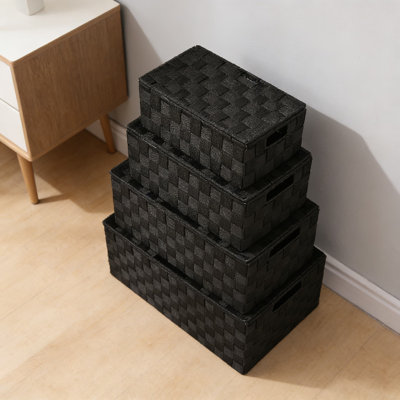 Ensemble de 4 paniers de rangement tissés avec couvercles empilables en tissu avec structure en métal renforcé, boîtes en polypropylène résistantes à la poussière pour placard, tablette, tiroir, chambre de bébé et organisation de bureau