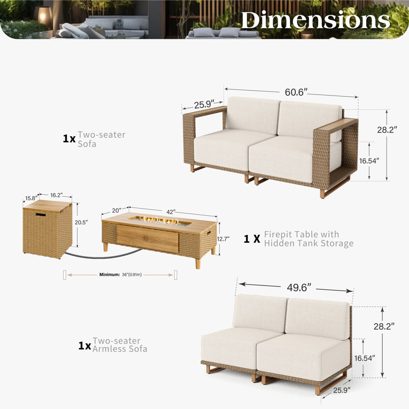 4- Person Outdoor Wicker Patio Conversation Furniture Set With Fire Pit Table, 5 Pcs: 2 Tables, 2 Chairs, Loveseat