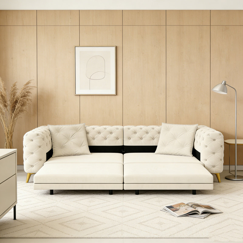 97.7" 3-in-1 Convertible Sleeper Sofa, Beige+White