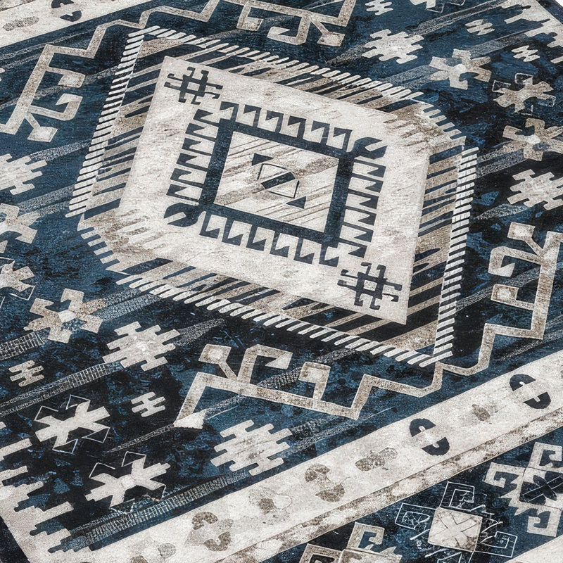 Tapis Jena 5X7, motif géométrique persan classique, noir et bleu, Rectangle 5 pi x 7 pi