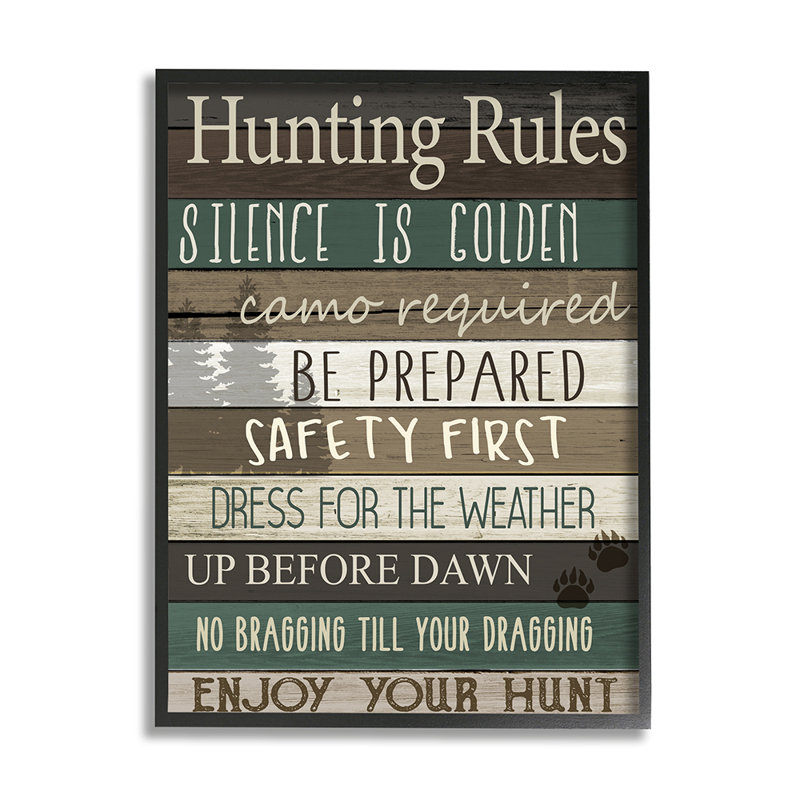 «Cabin Hunting Rules Rustic Charm Brown Green» par Kim Allen - impression d'art graphique, H 20 po x l 16 po x 1,5 po