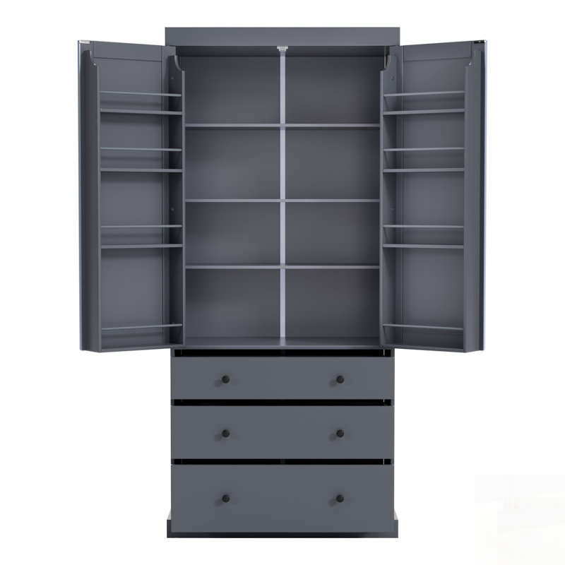 Farmhouse Kitchen Pantry With 3 Adjustable Shelves, 8 Door Shelves, And 3 Drawers For Organized Storage, Grey