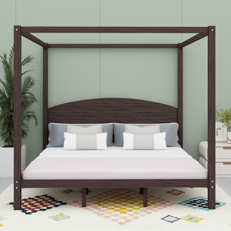 Lit plateforme à baldaquin en bois avec tête de lit et pieds de support, Brun