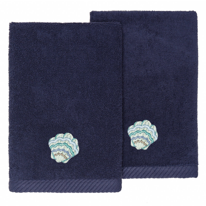 Linum Home Textiles 100% Turkish Cotton AARON 2PC Embellished Fingertip Towel Set, Marine