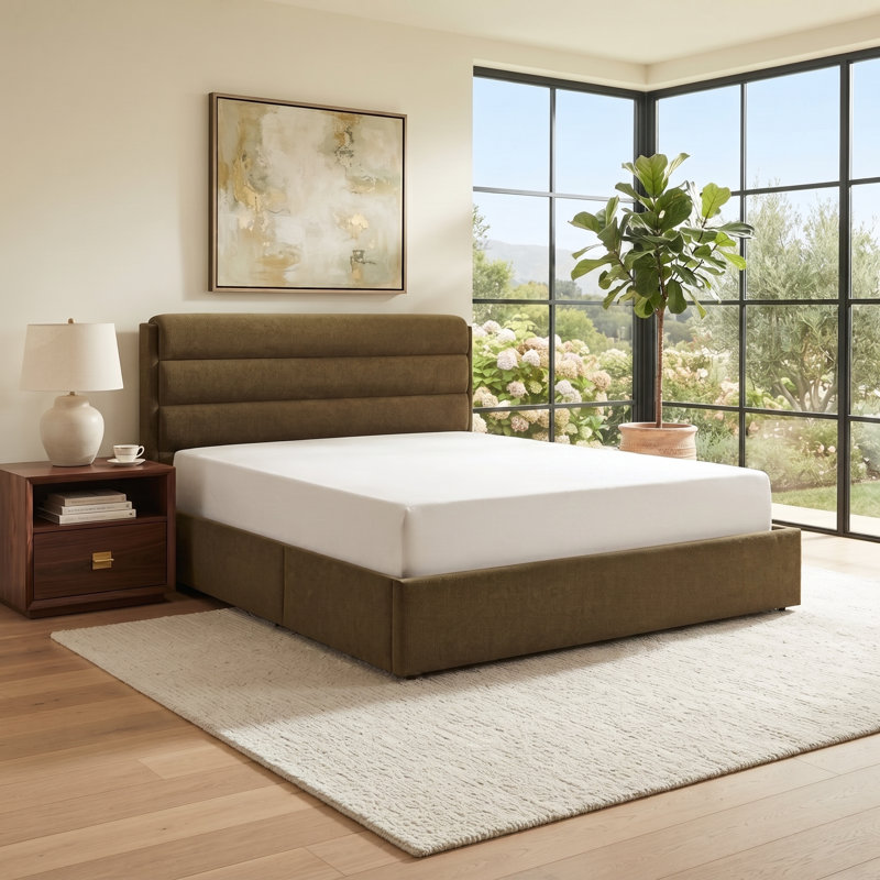 Lit plateforme tapissier avec rangement relevable, Grand, Vert olive