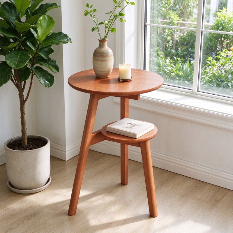 Table d'appoint ronde à 2 niveaux en bois massif avec tablette de rangement pour salon et chambre à coucher, couleur naturelle