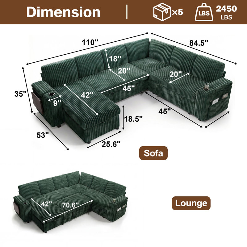 Canapé modulaire coulissant de 110 po avec table d'appoint, porte-gobelets, ports de charge, Vert