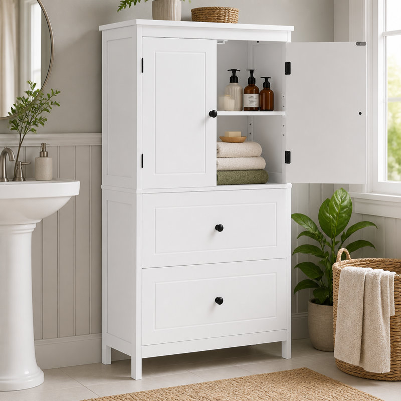 Armoire de rangement pour salle de bain, armoire avec deux portes et tiroirs, tablette réglable, panneau de fibres à densité moyenne, blanc
