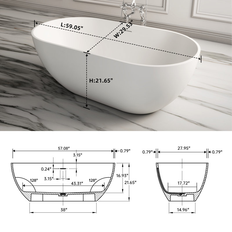 59 Inch Solid Surface Soaking Bathtub - Deep Soak Freestanding Tub, White