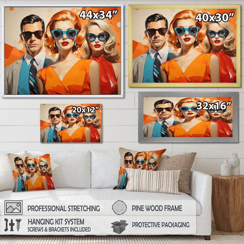 «Orange Mid Century Retro Portraits II», reproduction sur toile, H 34 po x l 44 po x P 1,5 po, Cadre simple noir