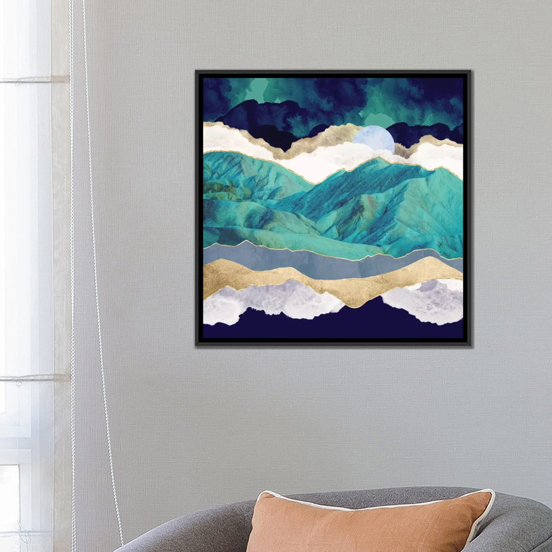 Montagnes bleu sarcelle - impression d'art graphique, Pas de tapis, H 26 po x l 26 po x P 1,5 po, Toile avec cadre noir