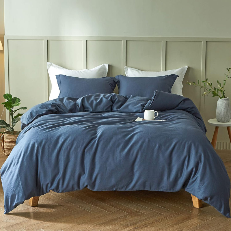 Ensemble de housse de couette en lin , Housse de couette double + 2 taies d'oreiller stan, Marine