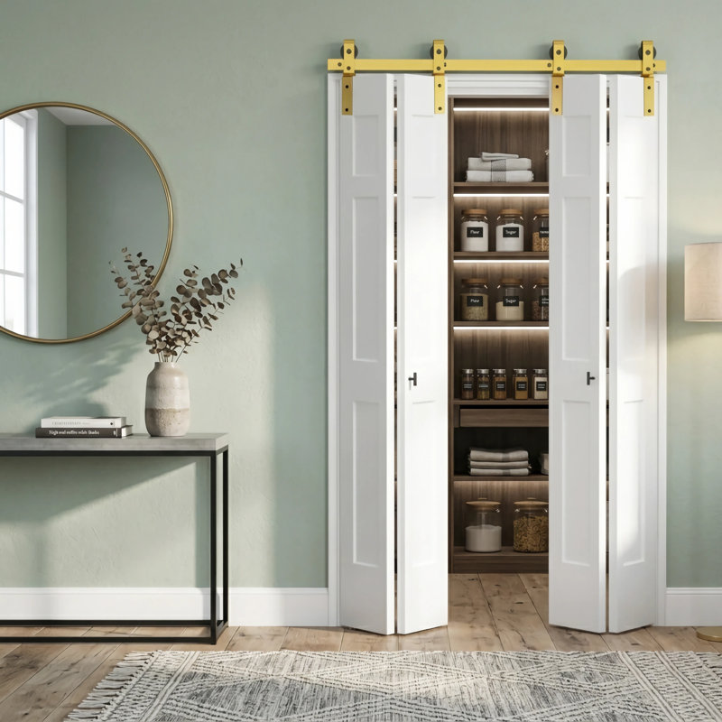 Ensemble de quincaillerie de porte de grange pliable 60 "pour deux portes ATT, longueur de rail, doré (panneau de porte non inclus)