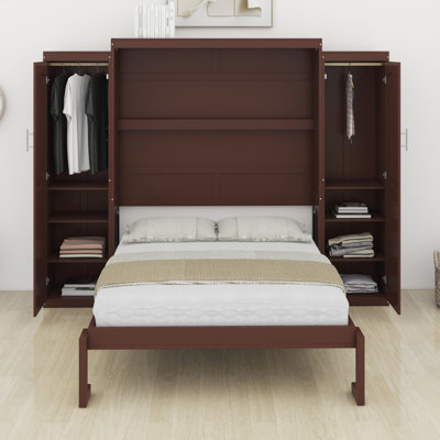 Lit escamotable, lit escamotable en bois avec garde-robe et tablette de rangement, cadre de lit plateforme pliable multifonctionnel pour chambre d'amis, chambre à coucher