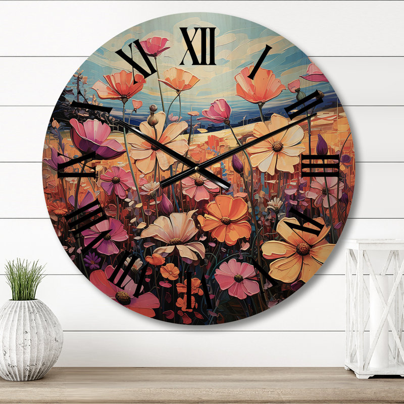 Horloge murale surdimensionnée en bois mauve et jaune Wildflowers Symphony, Petit