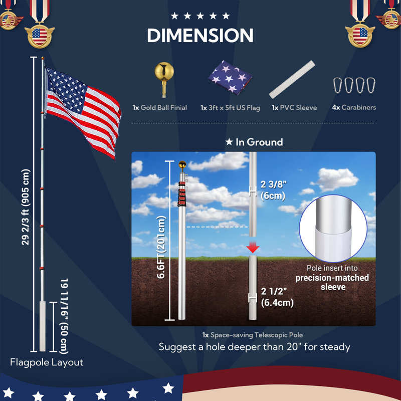  Yescom EZ GO 30ft Telescopic Flag Pole Kit Upgrade Rotating Lock for Outside Inground with 3x5' US Flag Ball Top Silver