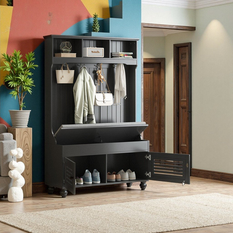 Banc pour hall d'entrée de 47,2 pouces de large avec porte à volets et coussin, Noir