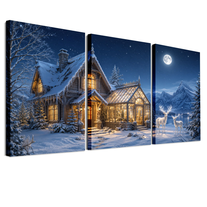 Ensemble de 3 toiles enneigées, chalet avec serre et blanc Halloween, H 30 po x l 20 po x 3 pièces