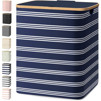 Laundry Hamper With Lid, Tall Laundry Baskets With Bamboo Pull Handles, Large Laundry Bin With Internal Support (36 Gal/140L,  Pinstripe)