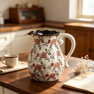 Vintage Ceramic Vase Hand-Painted Rose Pitcher with Ice Crackle Glaze, Farmhouse Utensil Holder for Kitchen Island and Home Decor