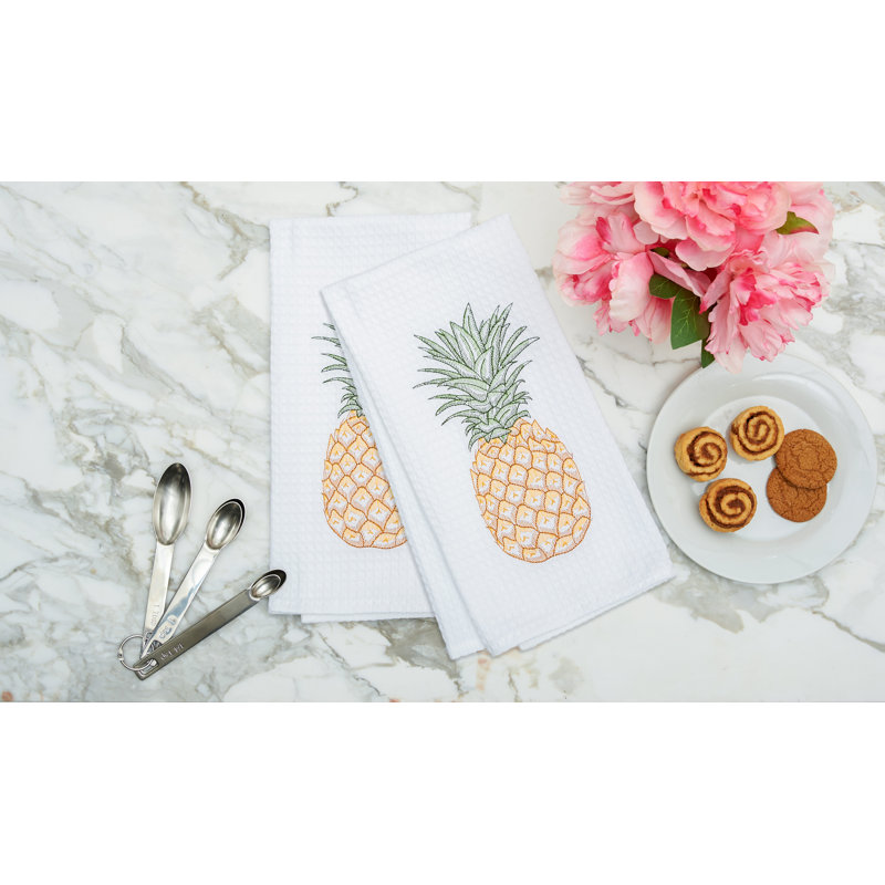 Tropical Pineapple Embroidered Waffle Weave Kitchen Dishtowel