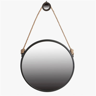 29.5-inch popular hanging round mirror, black frame with rope suspension, modern industrial decoration, suitable for bathroom, bedroom, or living space