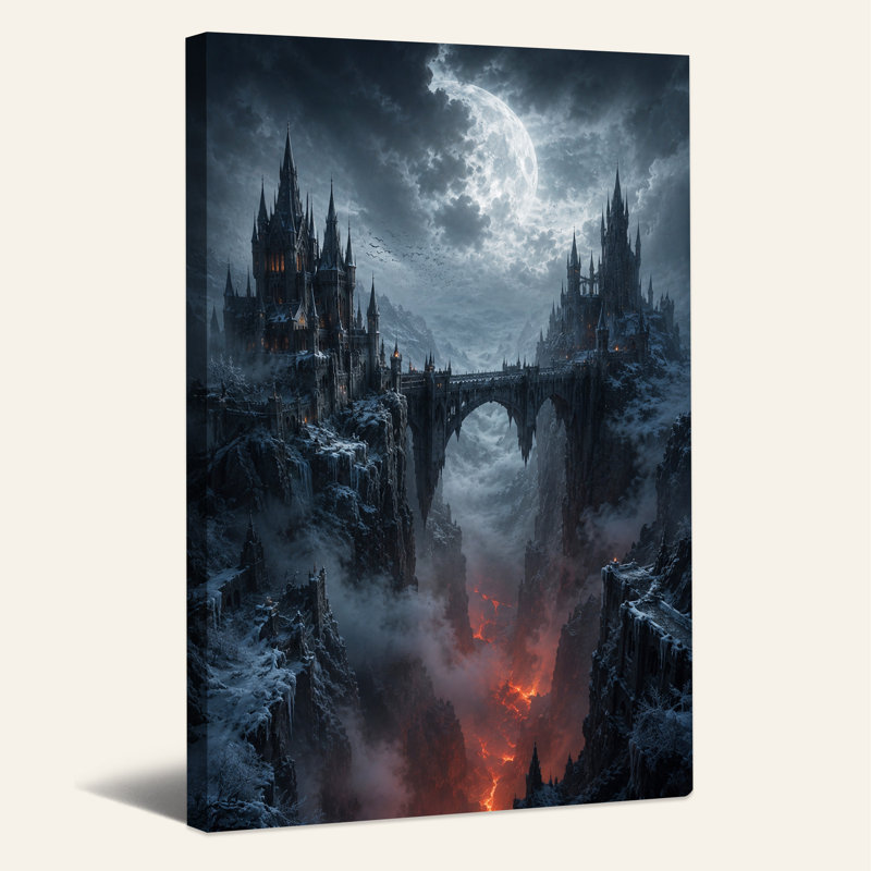 «Snowy Gothic Castles Over Glowing Lava River», art mural sur toile, H 18 po x l 12 po