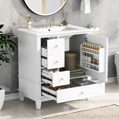 Meuble-lavabo simple 30 po avec lavabo en céramique 30 po, 3 tiroirs, porte à fermeture douce, structure en bois massif, autoportant