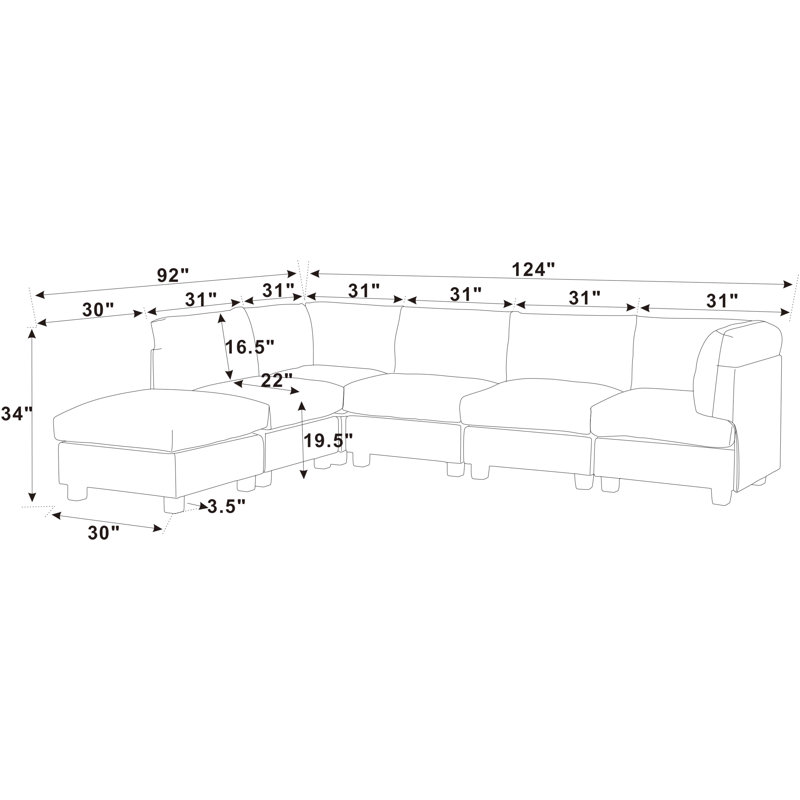 Canapé modulaire réversible de 124 po de largeur, Polyester gris