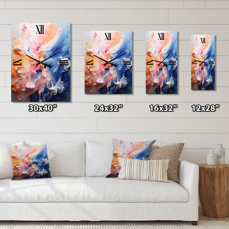 Horloge murale abstraite moderne rose et bleu Fusion II, Médium