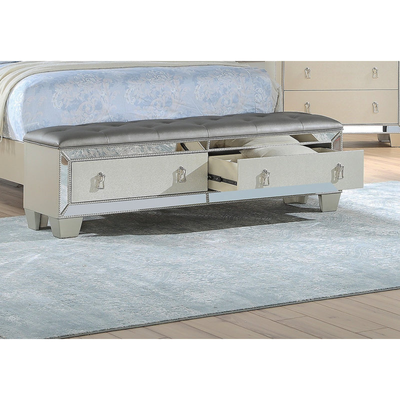 Glam Luxurious 1Pc California King Size Bed W Drawers Footboard Silver Mirror Accents Tufted Headboard Bedroom Furniture