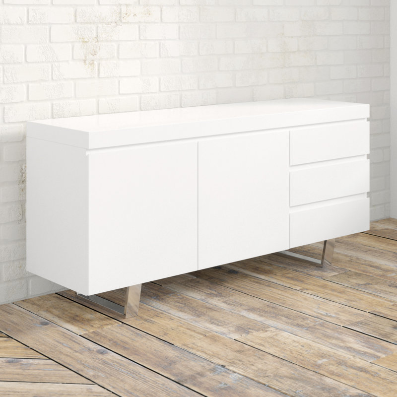     Camrun Sienna Buffet – Modern White Sideboard with Storage Drawers and Cabinets, Contemporary Dining Room Credenza - Glossy Lacquer - White Buffet