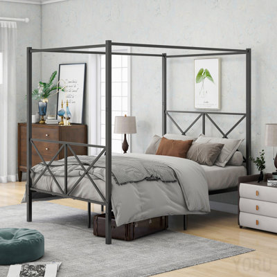 Metal Canopy Bed Frame, Platform Bed Frame  With X Shaped Frame Full Black