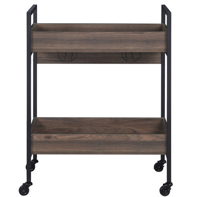 Rectangular Serving Cart With Walnut & Black Finish And 2 Tier Shelf Configuration Metal Frame