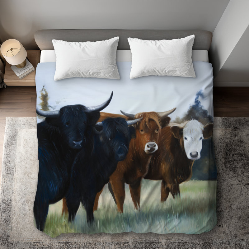 Four Highland Cows Duvet Cover | Animals Green Home Decor